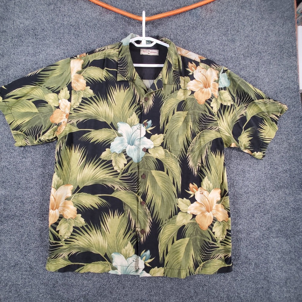 Tommy Bahama Silk Shirt Mens XL Tropical Hibiscus Palm Black Button-Down Camp